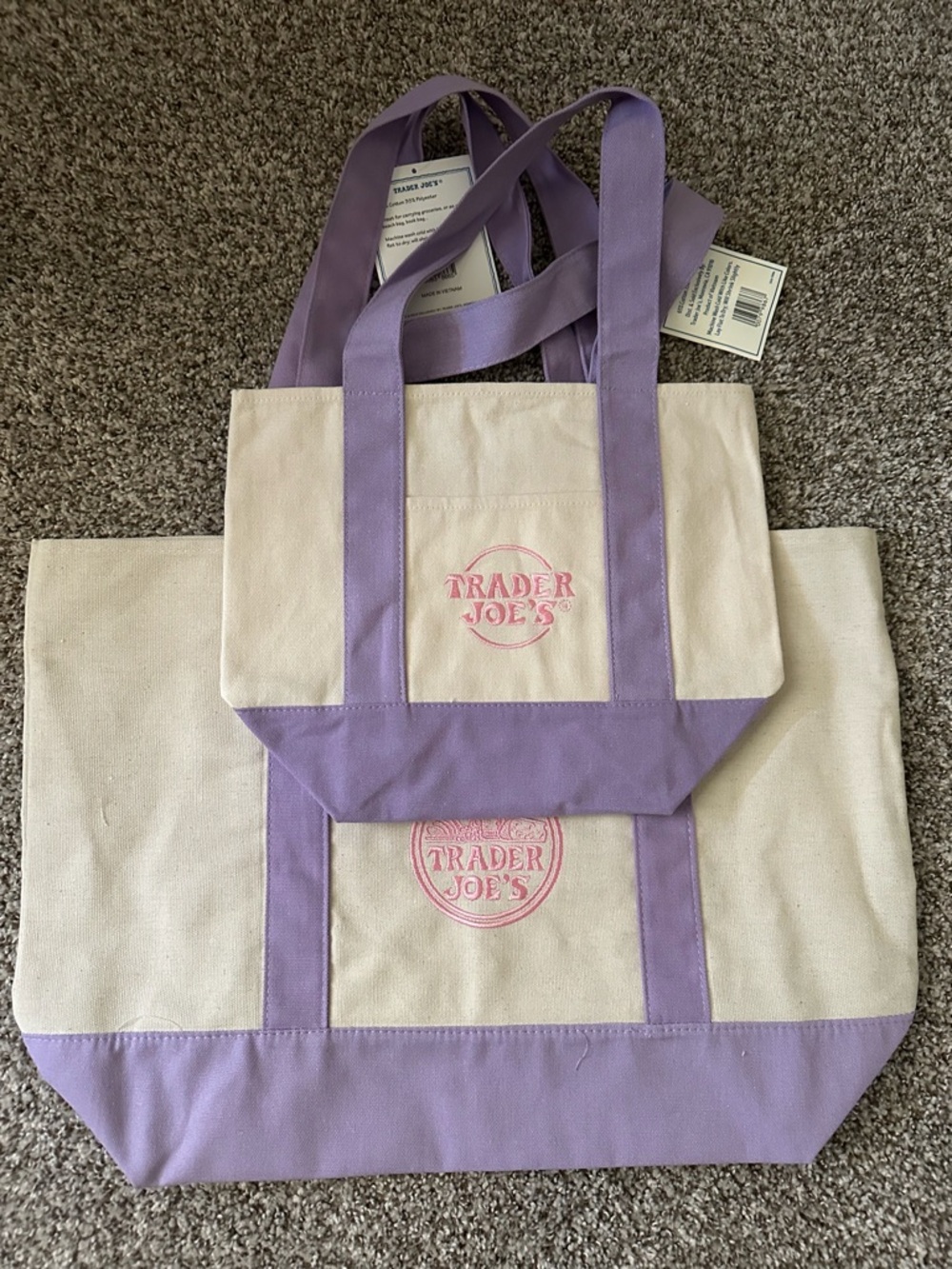 Trader Joe’s Lavender Accent Canvas Tote Bags; Cream&Lavender; 1 small/1big; NWT